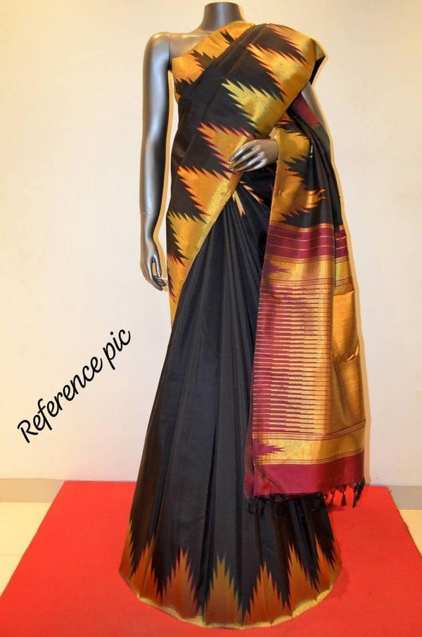 Black Maroon Korvai Temple Border Handloom Kanchipuram Silk Saree