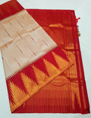 Half White Beige 8 Kol Korvai Contrast Red Temple Border with Body Butta Kanchipuram Silk Saree