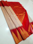 Half White Beige 8 Kol Korvai Contrast Red Temple Border with Body Butta Kanchipuram Silk Saree