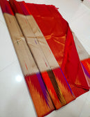 Half White Beige 8 Kol Korvai Multi Color Contrast Temple Border with Body Butta Kanchipuram Silk Saree