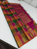 Traditional Paalum Pazhamum Zari Checked Handloom Kanchipuram Silk Saree