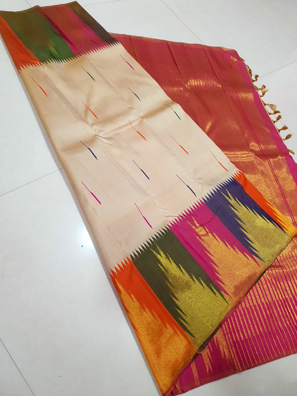 Half White Traditional 8 Kol Seepu Korvai Multicolor Temple Border Handloom Kanchipuram Silk Saree