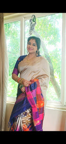 Celebrity Style Half White Beige Multi Colour One Side Korvai Temple Border Handloom Kanchipuram Silk Saree