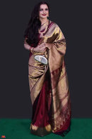 Celebrity Style - Actress Rekha Inspired Pure Zari Maroon Raising Temple Border Kanchipuram Silk Saree with Double Side Border