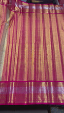 Celebrity Style Actress Rekha Inspired Golden Tissue Bridal Handloom Kanchipuram Silk Saree in Red Rose Shade