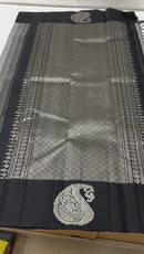 Classic Black Mini Checked Kanchipuram Silk Saree With Silver Zari Border Butta