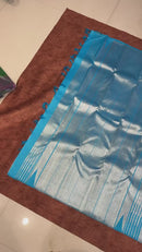 Yellowish Green With Blue Korvai Raising Temple Border Handloom Kanchipuram Silk Saree with Silver Zari Weaving