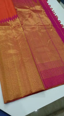 Orange Pink Korvai Raising Temple Border Kanchipuram Silk Saree