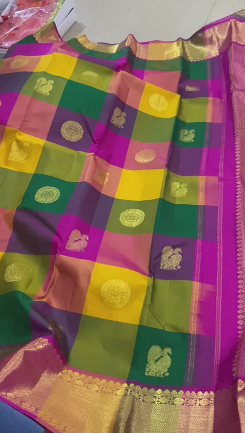 Green Colour Kuppadam Pattu Silk Checkes Buta Sarees