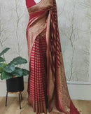 Red Pure Banarasi Khaddi Georgette Fancy Zari Striped Silk Saree