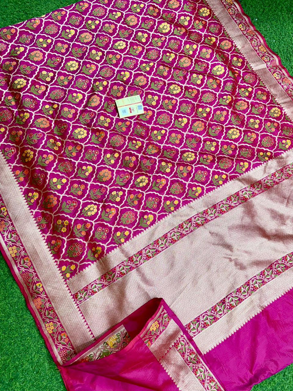 Pink Banarasi Katan Silk Tilfi Weaving Meenakari Jal Work Saree