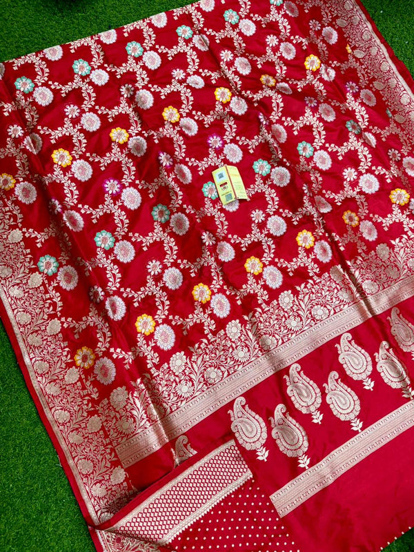 Red Banarasi Katan Silk Tilfi Weaving Meenakari Jal Work Saree