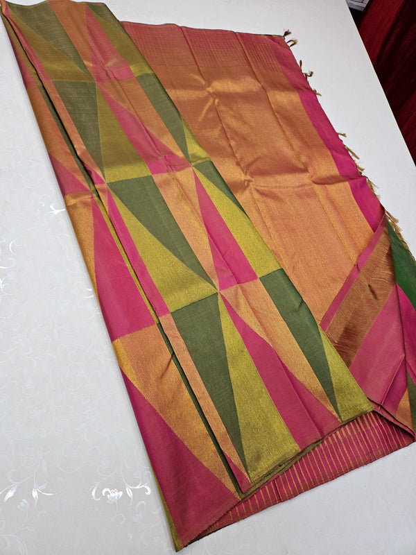 Multi Colour 8 Kol Korvai Temple Design Handloom Kanchipuram Silk Saree