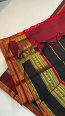 Black Handloom Kanchipuram Silk Saree with Golden Zari Lines