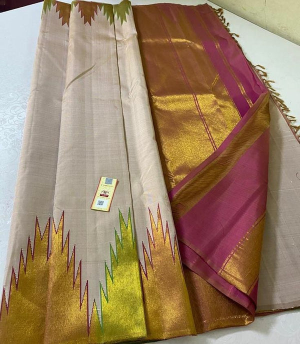 Half White Korvai Temple Border Pure Kanchipuram Silk Saree