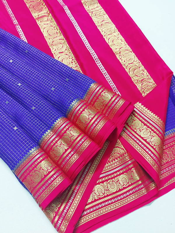 Royal Blue Mysore Crepe Silk Saree - Checked Pattern