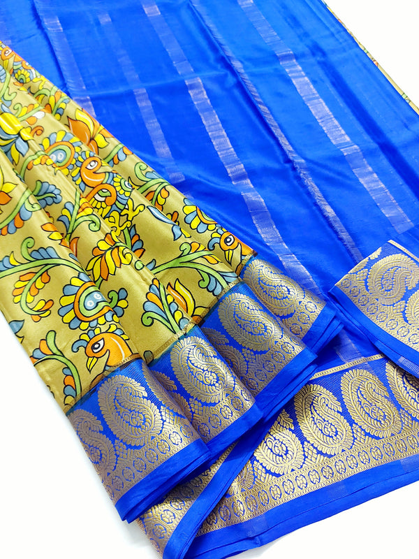 Yellowish Green Kalamkari Printed Pure Mysore Crepe Silk Saree