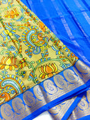 Yellowish Green Kalamkari Printed Pure Mysore Crepe Silk Saree