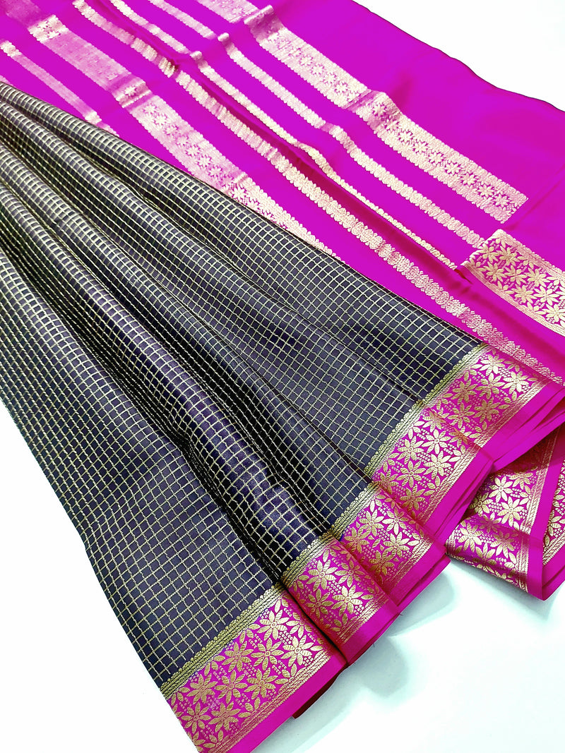 Brown Mysore Crepe Silk Saree - Checked Pattern