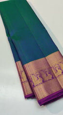 Peacock Blue Embossed Kanchipuram Pure Silk Saree