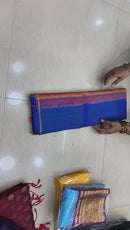 Peacock Blue Plain Handloom Kanchipuram Silk Saree with Dual Colour Pallu