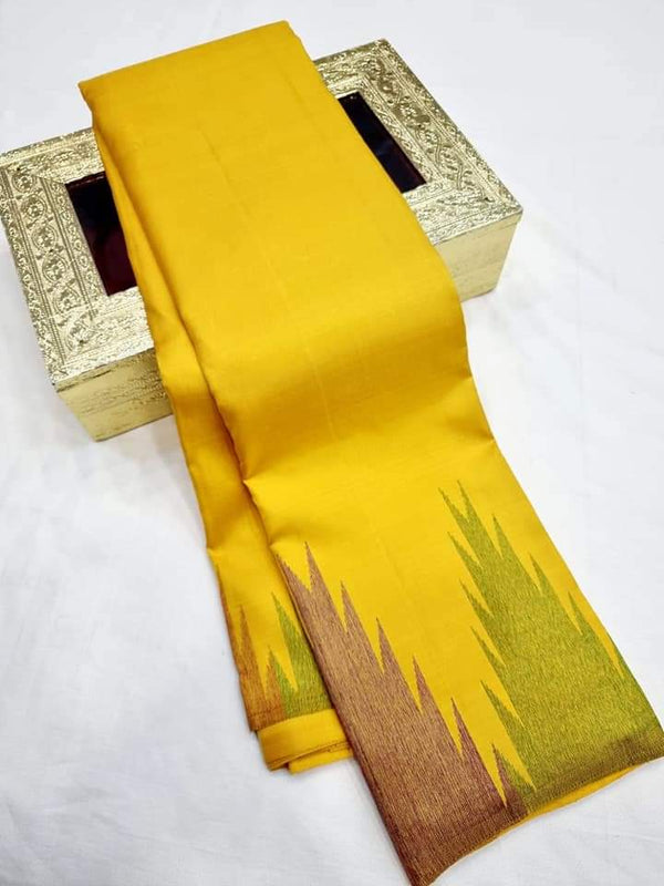 Mustard Yellow Temple Border Kanchipuram Silk Saree