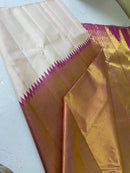 Milky White Cream Shade & Pink Korvai Raising Temple Border Kanchipuram Silk Saree
