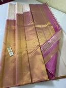 Milky White Cream Shade & Pink Korvai Raising Temple Border Kanchipuram Silk Saree