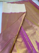 Milky White Cream Shade & Pink Korvai Raising Temple Border Kanchipuram Silk Saree