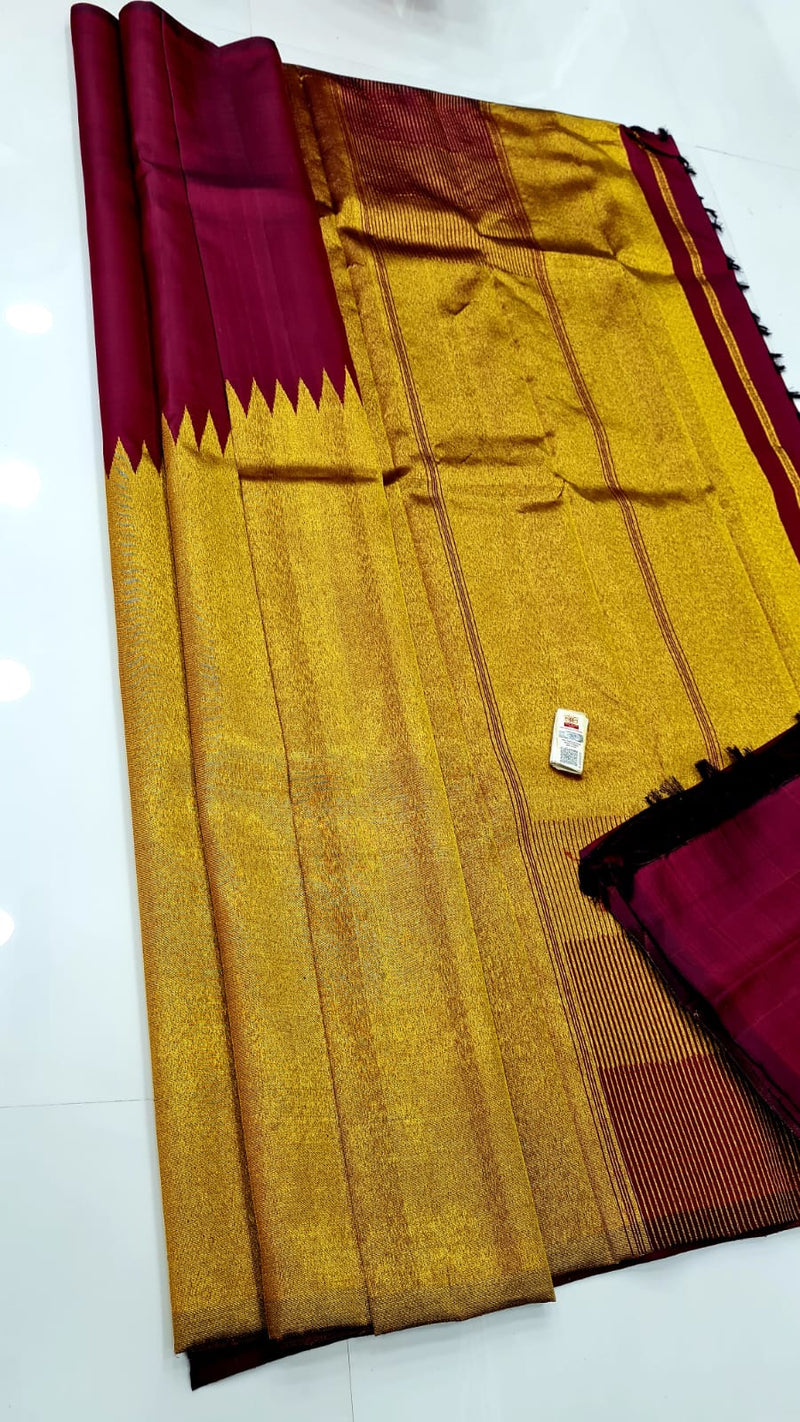 Maroon Raising Temple Border Kanchipuram Silk Saree