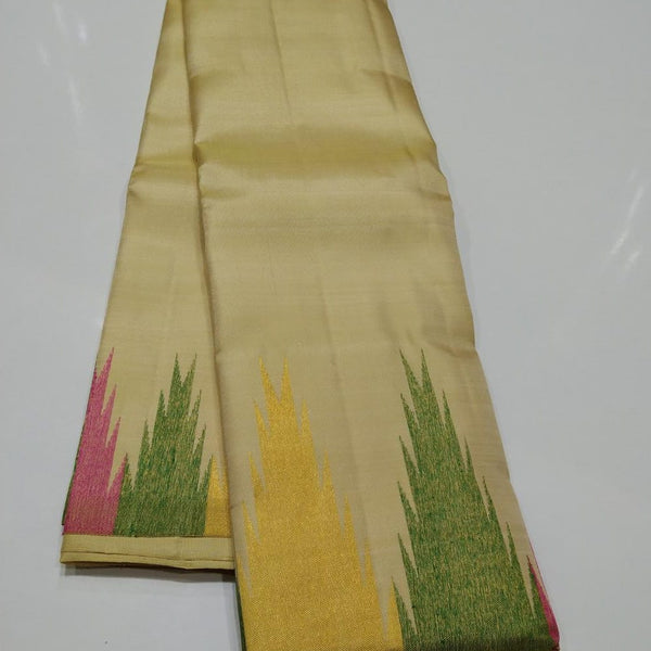 Sandal Silk saree with pink and green checked border – Bollineni Silks