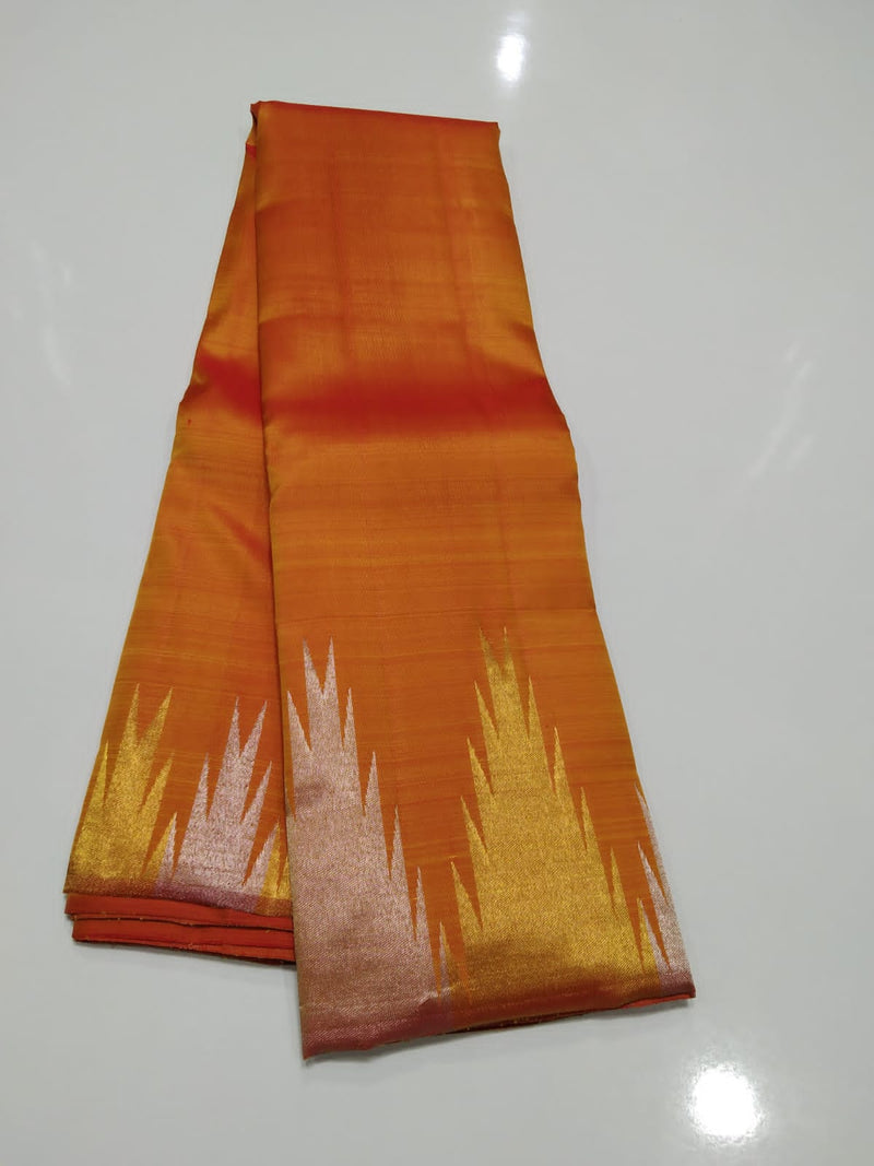 Dual Shade Orange Temple Border Kanchipuram Silk Saree