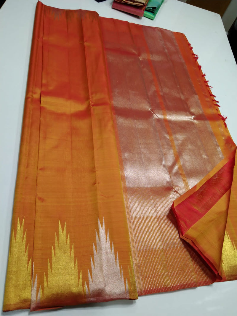 Dual Shade Orange Temple Border Kanchipuram Silk Saree