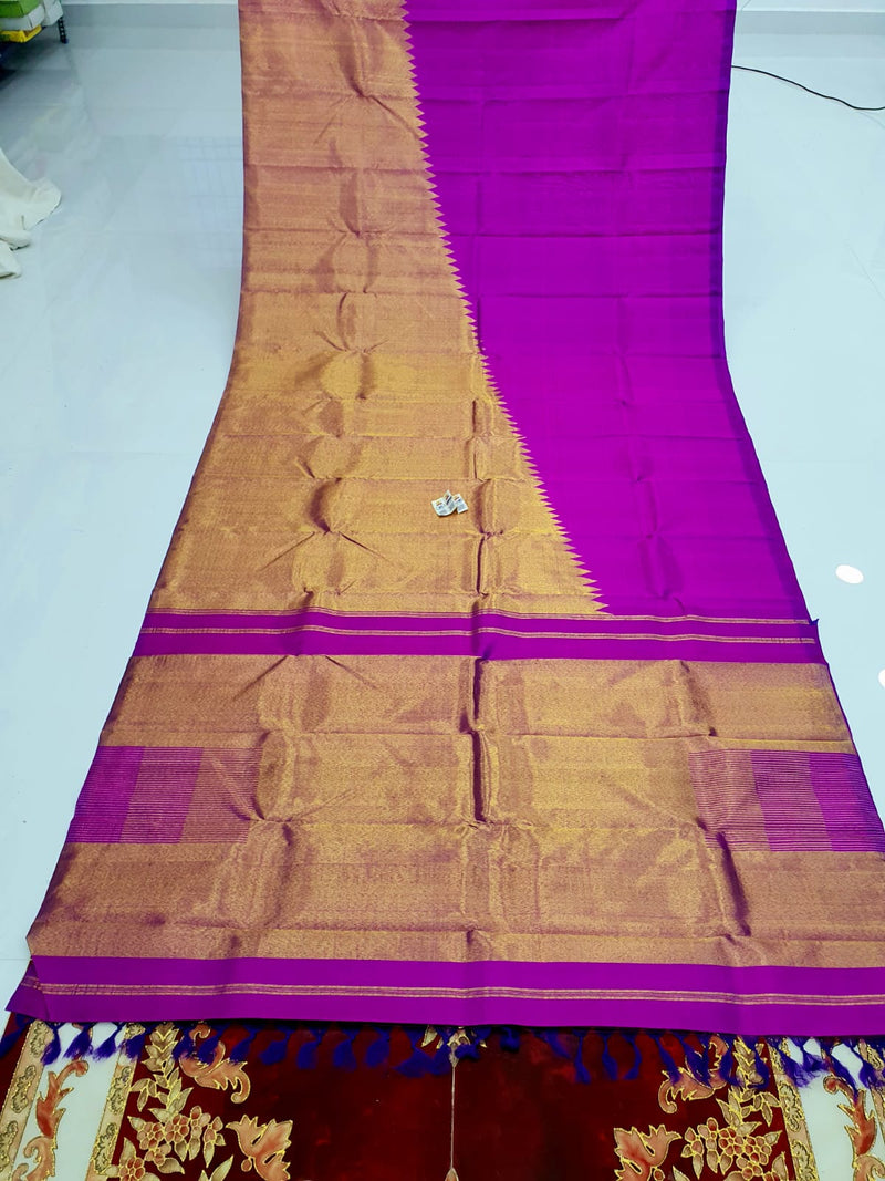 Dual Shade Purple Pink Raising Temple Border Kanchipuram Silk Saree