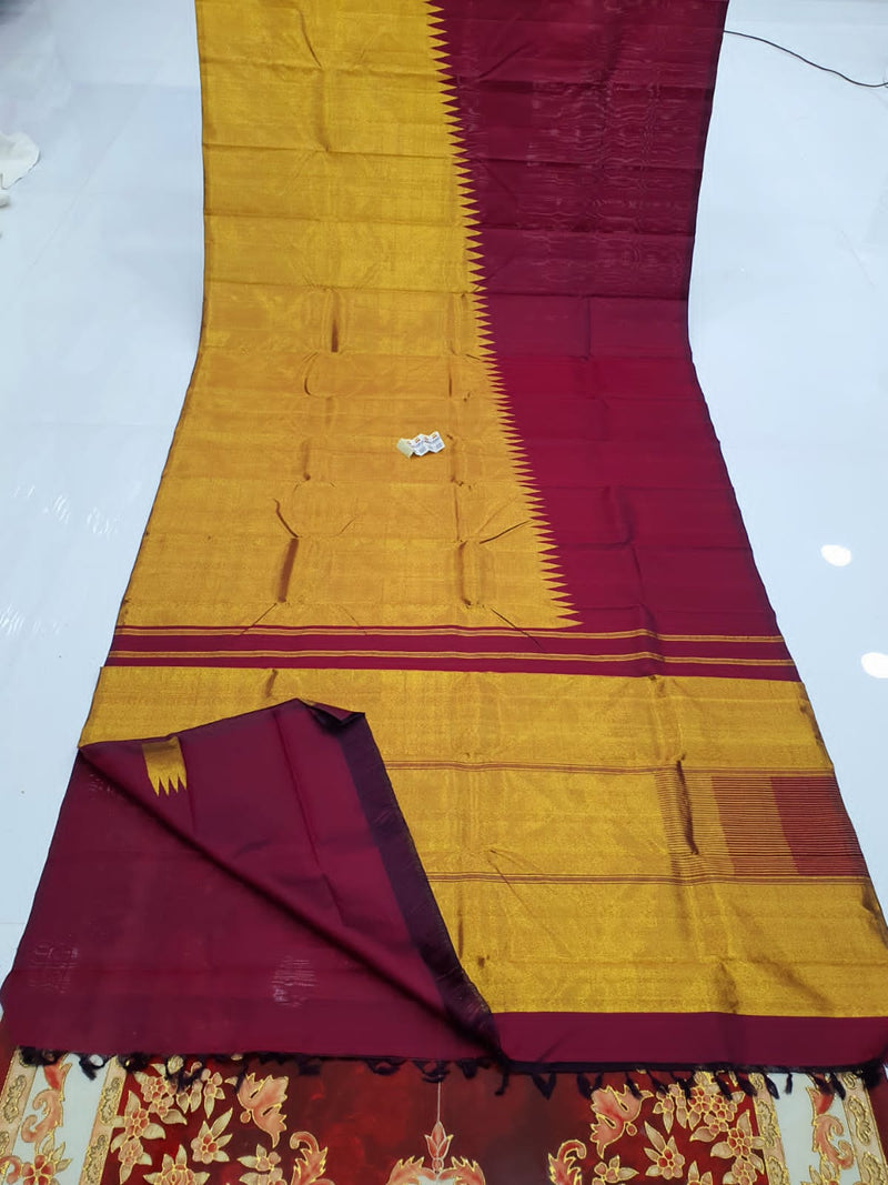 Maroon Raising Temple Border Kanchipuram Silk Saree