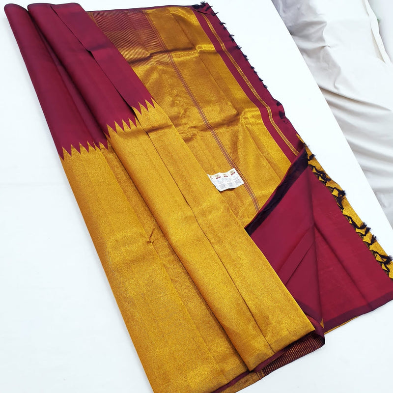 Maroon Raising Temple Border Kanchipuram Silk Saree