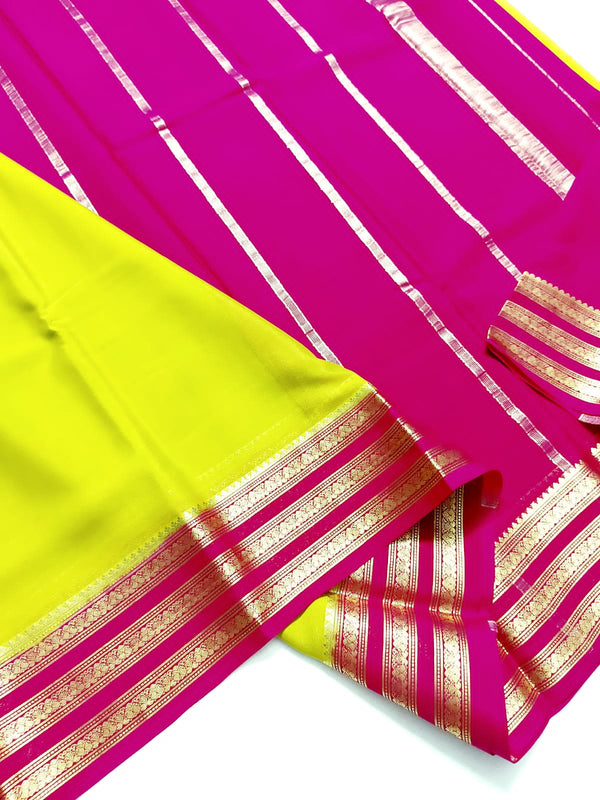 Yellowish Green Mysore Crepe Silk Saree - Lite Weight