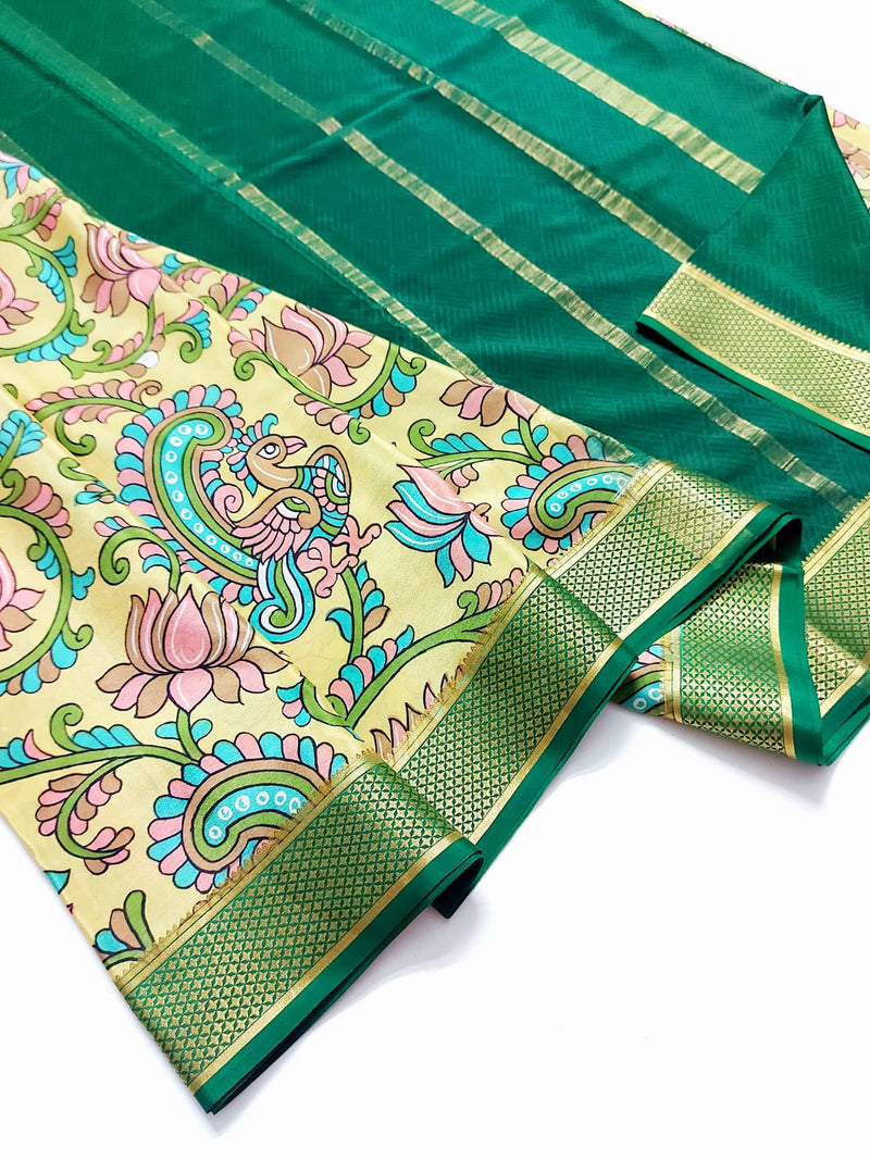 Pastel Green Kalamkari Printed Pure Mysore Crepe Silk Saree