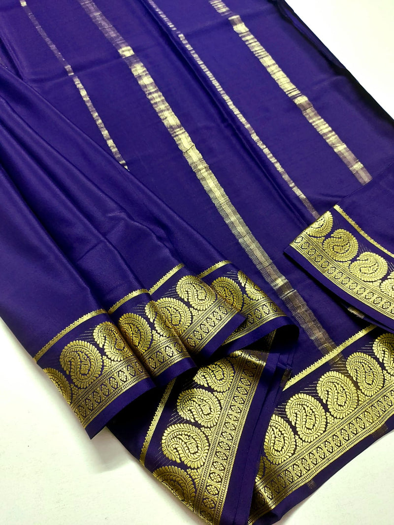 Navy Blue Mysore Crepe Silk Saree with Traditional Mango Border