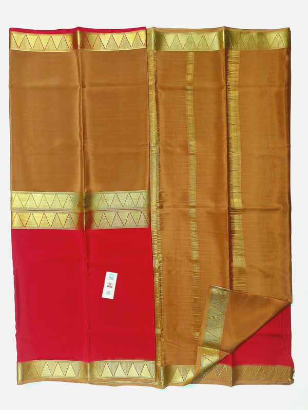 Half and Half Pattern Golden Mustard & Red Mysore Crepe Silk Saree