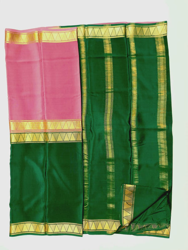 Half and Half Pattern Baby Pink  & Green  Mysore Crepe Silk Saree