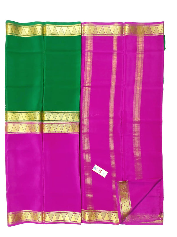 Half and Half Pattern Green & Pink  Mysore Crepe Silk Saree