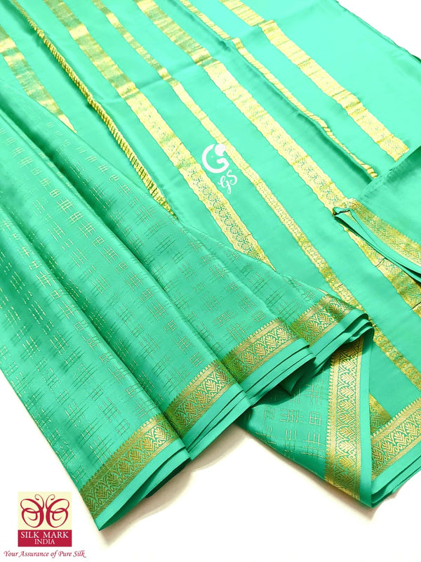 Sea Green Checked Pattern Mysore Crepe Silk Saree