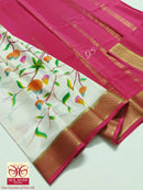 Half White Hand Painted Pure Mysore Crepe Silk Saree