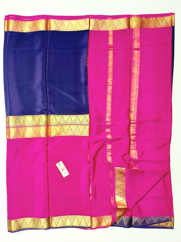 Half and Half Pattern Navy Blue & Pink  Mysore Crepe Silk Saree