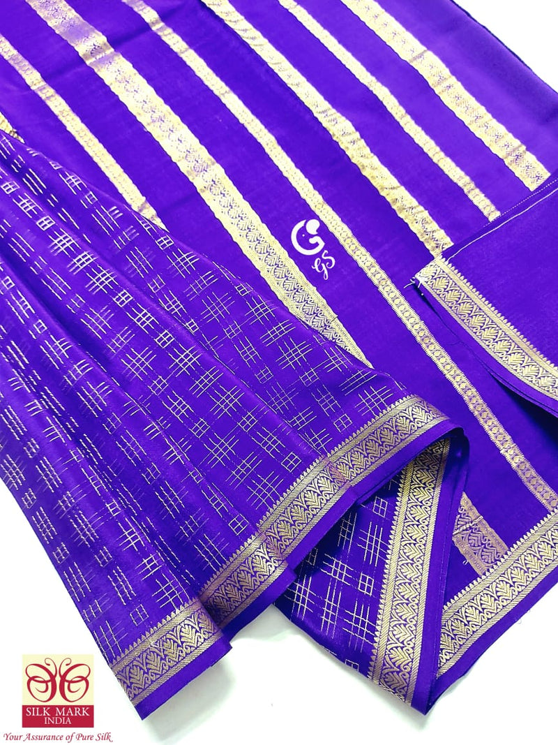 Navy Blue Checked Pattern Mysore Crepe Silk Saree