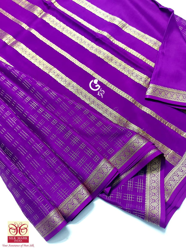 Purple Checked Pattern Mysore Crepe Silk Saree