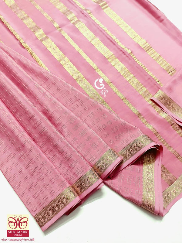 Baby Pink Checked Pattern Mysore Crepe Silk Saree