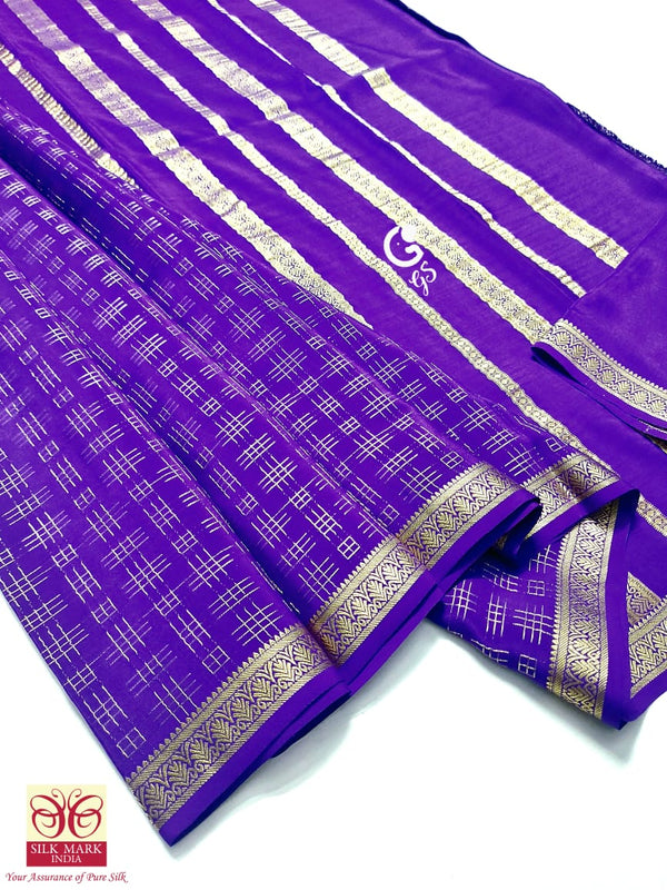 Purple Blue Checked Pattern Mysore Crepe Silk Saree