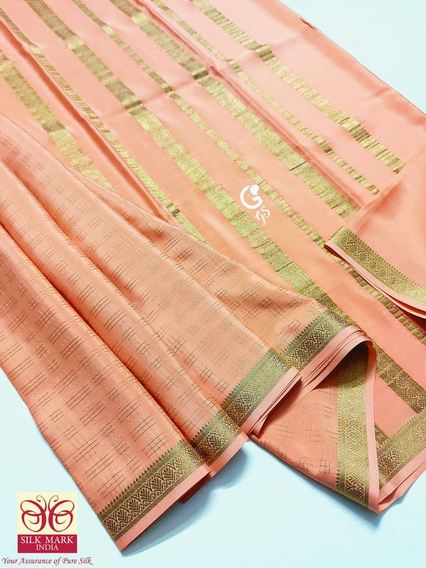 Peach Checked Pattern Mysore Crepe Silk Saree